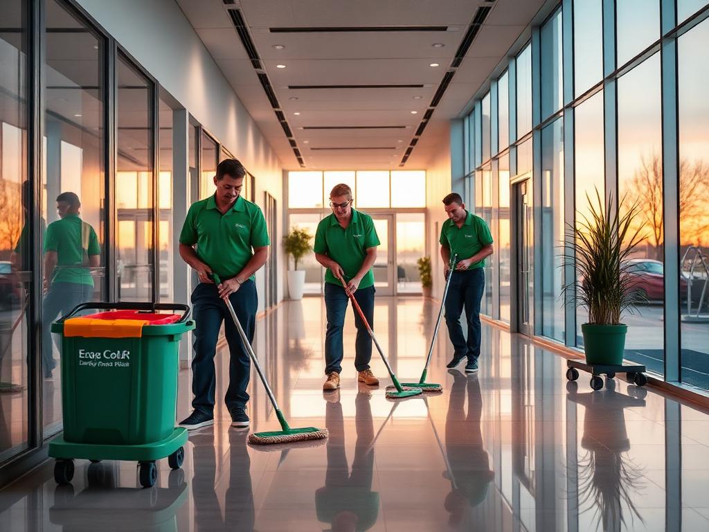 Commercial janitorial crew cleaning an office lobby